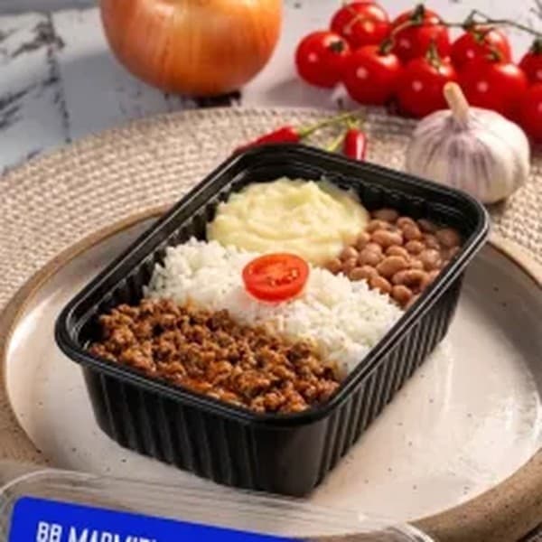 Carne Moída com Arroz, Purê de Batata e Feijão